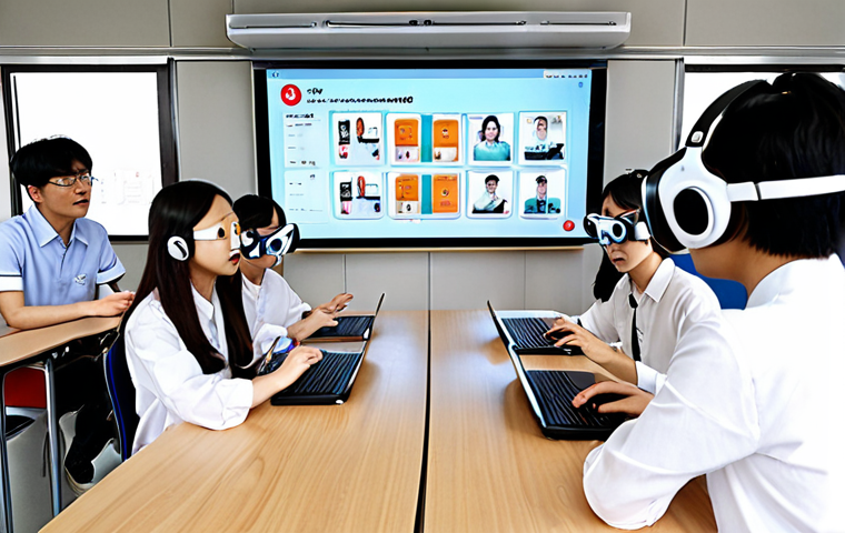 ** "A diverse group of students eagerly learning Korean language in a sleek, modern classroom filled with advanced technology. Some students wear VR headsets, immersing themselves in virtual Korean cities or traditional settings, while others interact with AI-powered personalized learning platforms on transparent screens. Hangul characters and subtle Korean cultural motifs are integrated into the futuristic user interfaces. The scene is bright, dynamic, and emphasizes the synergy of technology, personalization, and cultural immersion in Korean language education."

2.  **Prompt for