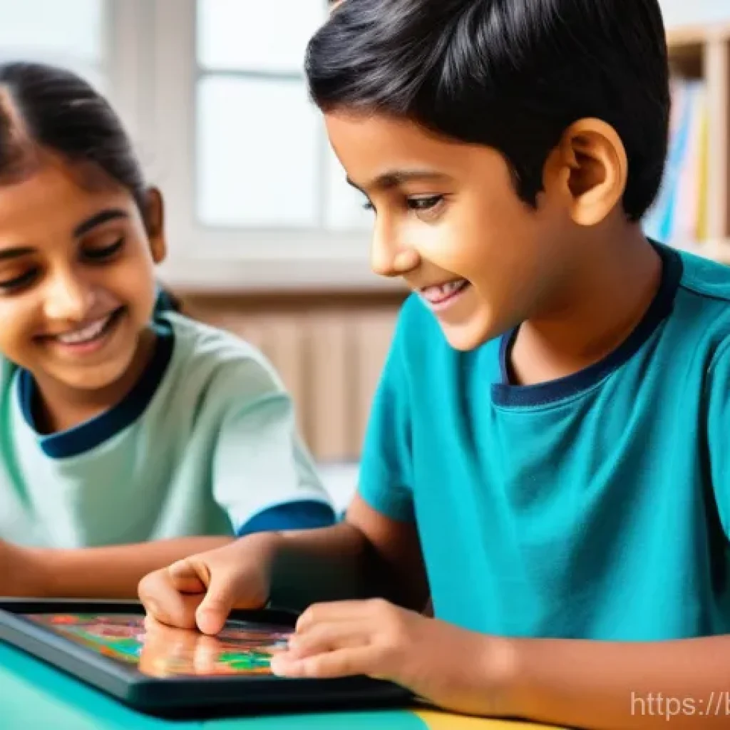 국어 지도에서의 게임 활용 사례 - **"Bengali Grammar Quest" Game Session:** A vibrant and dynamic illustration of two children, approx...