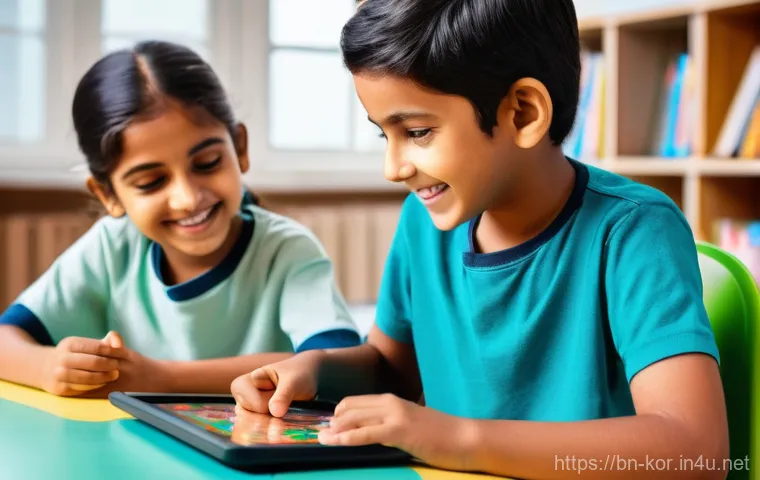 국어 지도에서의 게임 활용 사례 - **"Bengali Grammar Quest" Game Session:** A vibrant and dynamic illustration of two children, approx...