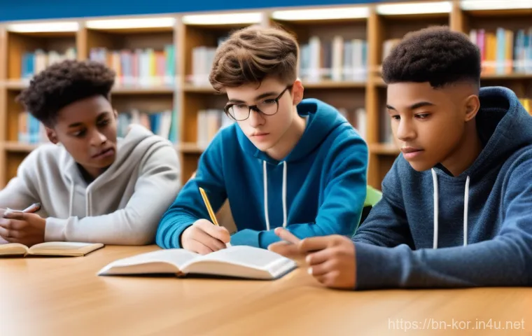 국어 비문학 독해 유형 분석 - **Prompt:** A diverse group of teenagers (around 15-16 years old) is gathered around a large table i...