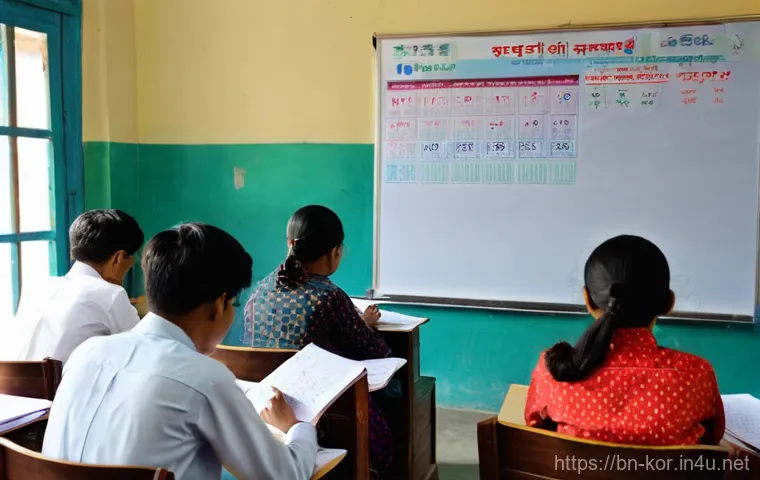 국어와 국외 한국어 교육 비교 - **Prompt:** A diverse group of young adult students, aged 18-25, attentively learning Korean in a br...