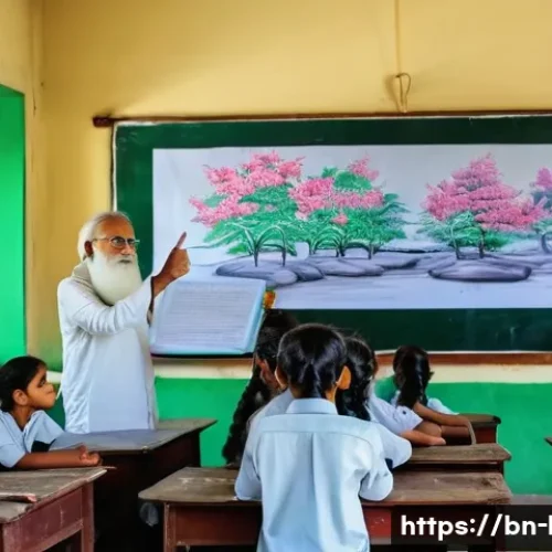 국어 문학 교육에서의 시각 자료 활용 - A vibrant classroom scene in Bangladesh where Bengali students are attentively watching a colorful d...