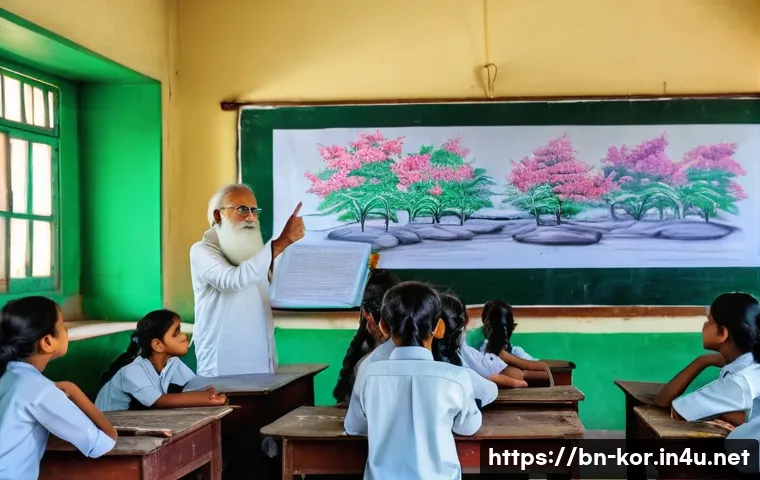 국어 문학 교육에서의 시각 자료 활용 - A vibrant classroom scene in Bangladesh where Bengali students are attentively watching a colorful d...