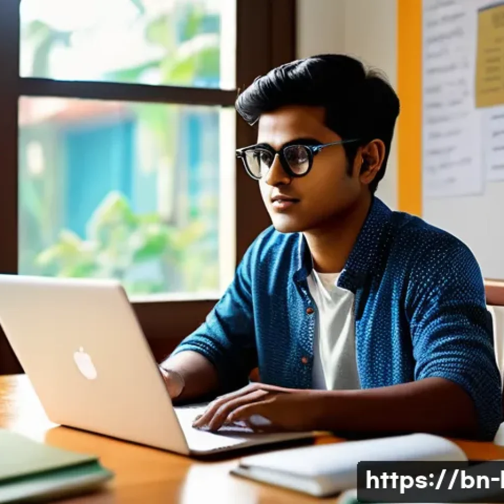국어 작문과 인공지능 활용 - A modern Bengali student sitting at a desk in a cozy, well-lit study room, using a laptop with AI wr...