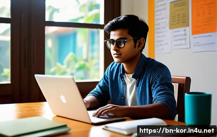 국어 작문과 인공지능 활용 - A modern Bengali student sitting at a desk in a cozy, well-lit study room, using a laptop with AI wr...