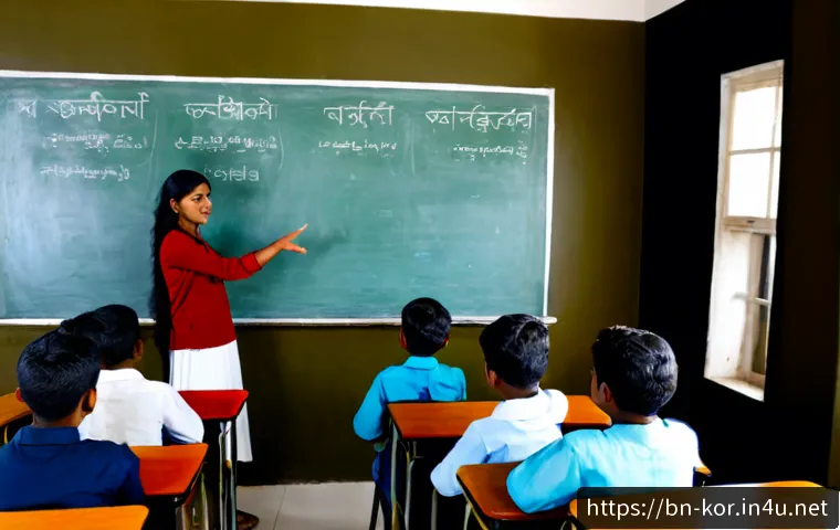 국어 말하기 지도법 - Photorealistic Bengali language classroom, a warm and encouraging teacher guiding a middle-school st...